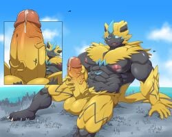 5:4 absurd_res aircraft anthro balls big_balls big_penis biped black_body blue_eyes bodily_fluids body_worship city cutaway destruction erection felid fur generation_7_pokemon genital_fluids genitals helicopter hi_res huge_balls huge_penis humanoid_genitalia humanoid_penis landscape_dwarfing legendary_pokemon looming low-angle_view macro maldu male mammal muscular muscular_anthro muscular_male mythical_pokemon nintendo nipples nude pecs penis pokemon pokemon_(species) precum sitting solo vehicle whiskers yellow_body yellow_fur zeraora