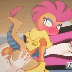 animated anthro ass ass_grab big_ass blush breasts cum cum_inside eyelashes human interspecies lowres nintendo pokemon pokephilia reverse_cowgirl_position scalie scrafty tagme tail video_games