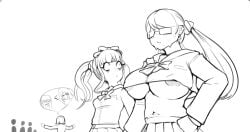 1boy 2025 2girls areola_slip areolae big_breasts boxman breast_envy breast_size_difference breasts comparison female glasses hi_res high_resolution highres hiruko_shizuhara jealous large_breasts male midriff school_uniform schoolgirl sketch small_breasts sweat sweating the_hundred_line_-last_defense_academy- tsukumo_ima tsukumo_kako twintails underboob sweaty nervous