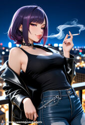 ai_generated blowing_smoke big_lips cigarette cigarette_in_hand cigarette_smoke medium_breasts pov_eye_contact seductive seductive_eyes seductive_look seductive_mouth sexy sexy_pose short_hair smoking smoking_cigarette smoking_fetish smoke_from_mouth solo_female purple_hair punk punk_girl punk_hair leather_jacket jeans tank_top tanktop cityscape rebellious rocker rocker_chick