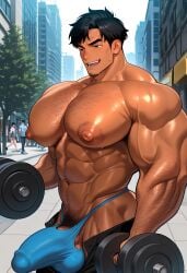 1girl 2boys 2males abs ai_generated arm_hair armpit_hair balls bara beautiful big_muscles big_nipples big_pecs big_penis black_hair chest_hair city civitai clothes cwhk dark_eyes dark_hair day daytime dumbbell erection facial_hair handsome handsome_man hot lifting lifting_weights male_focus multiple_boys muscle muscles muscular muscular_arms muscular_male navel nipples open_mouth outdoors pants pecs penis pubic_hair public public_exposure sexy sexy_body shiny_skin short_hair sweat sweaty teeth testicles thick thong tongue underwear veins veiny_arms watching working_out