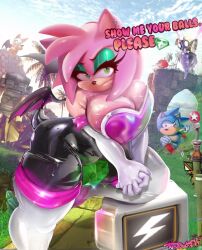 2d alternate_body_type alternate_breast_size amy_rose amy_the_bat anthro big_ass big_breasts breasts chaos_emerald cleavage color female latex rouge_the_bat_(cosplay) sega shield_monitor shiny sonic_(series) tagme thick_thighs thunder_thighs tight_clothing tudduls