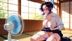 1girl clothing female electric_fan panties panty_pull butterfly_hair_ornament kimetsu_no_yaiba breasts kochou_shinobu purple_hair solo sweat pussy skirt underwear clothes_lift cleavage indoors see-through hair_ornament white_shirt clothes_pull purple_panties black_hair pantsu covered_nipples multicolored_hair purple_eyes blush collared_shirt wet_clothes sitting shirt skirt_pull large_breasts skirt_lift fanning_self hot female_only traditional_clothes updo wet sunlight day thighs half-closed_eyes nipples gradient_hair short_hair lifted_by_self eyelashes tatami wet_shirt long_sleeves collarbone steaming_body no_bra partially_unbuttoned makeup pleated_skirt see-through_shirt looking_down 1girls ai_generated voluptuous_female voluptuous curvaceous curvaceous_figure curvaceous_female curvy curvy_figure female_focus balecxi demon_slayer uncensored colored_tips heavy_breathing parted_bangs lips breath on_floor school_uniform eyeshadow sleeves_rolled_up blurry_background seiza two-tone_hair blue_skirt sidelocks sweaty_clothes very_sweaty hair_intakes butterfly closed_mouth skindentation black_skirt bug wing_collar blue_butterfly cleft_of_venus shouji sliding_doors