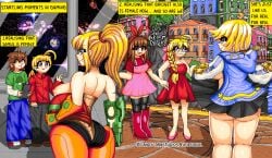 4girls ahoge antenna_hair arc_system_works arm_cannon armor ass black_pants blonde_female blonde_hair blue_eyes braid braided_ponytail bridget bridget_(guilty_gear) brunette_female candy_corn_studios couple dithering exhibitionism flashing flashing_breasts flashing_penis gender_transformation green_shirt guilty_gear guilty_gear_strive hairband helmet helmet_removed holding_hands hoodie jeans lesbian metroid nintendo nosebleed pc98 pink_dress pixel_art ponytail public_nudity red_boots red_dress red_jacket redraw redrawn remake samus_aran skirt_lift skirt_up space topless trans_woman trans_women transfem transfem_(lore) transition yuri