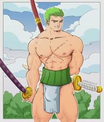 yaroslav_lv one_piece fundoshi fundoshi_only underwear underwear_only half-dressed bulge big_bulge penis_bulge abs pecs pectorals trapezius looking_away sword swordsman holding_sword biceps triceps quadriceps post-timeskip roronoa_zoro zoro zoro_(one_piece) bara barazoku bara_tits bara_tiddies 1boy male male_only male_focus manly masculine_male gay yaoi solo solo_focus solo_male muscular muscular_male muscles hunk beefy tough_guy bigger_male larger_male broad_shoulders scars scar scar_on_face scar_across_eye scar_on_chest green_hair haramaki japanese_male pirate big_dick_energy smile frown
