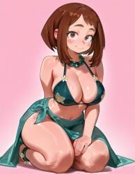 1girl ai ai_generated bare_shoulders best_quality bikini bikini_bottom bikini_top blush boku_no_hero_academia breasts brown_eyes brown_hair cleavage cleavage_cutout detailed_face flower_bikini flower_hair_ornament flower_necklace flowers glossy_skin green_bikini halterneck happy highres huge_breasts kneeling looking_at_viewer masterpiece micro_bikini my_hero_academia myaicrush ochako_uraraka pink_background short_hair side_tie_bikini sideboob sitting_on_knees smile solo teal_bikini thick_thighs tropical underboob uraraka_ochako wide_hips