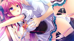 blush breast_grab breasts censored female game_cg kanojo_ga_ore_ni_kureta_mono._ore_ga_kanojo_ni_ageru_mono. kojima_neneko large_breasts long_hair mosaic_censoring onomatope open_mouth panties pink_panties purple_eyes pussy red_hair school_uniform shiratama underwear uniform