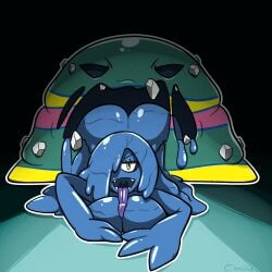 after_transformation alolan_muk blue_body blue_hair chabble crawling fake_body green_eyes large_breasts long_tongue looking_at_viewer lusamine_(pokemon) on_belly one_eye_covered oozing pokemon post-transformation post_transformation sharp_teeth slime slime_girl tongue tongue_on_breast tongue_out transformation