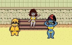 accurate_art_style alphys animated animated_gif anthro areola areola_slip beach bikini bladedbard bouncing_breasts breasts cleavage clothed clothing dancing deltarune female gif golden_bikini golden_week group humanoid navel outside public swimwear trio two-piece_swimsuit undertale undertale_(series) undyne vessel_(deltarune) vessie_the_vessel_(bladedbard)