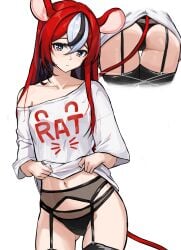 animal_ears ass ass_focus behind_view black_hair black_panties blue_eyes clavicle demure different_angle female from_behind garter_belt garter_straps hakos_baelz hakos_baelz_(1st_costume) hololive hololive_english hololive_english_-council- hololive_english_-promise- long_hair mouse_ears mouse_girl mouse_tail multicolored_hair navel off_shoulder panties presenting pulling_clothing pulling_shirt pulling_shirt_up red_hair red_tail shoulders shy simple_background solo streaked_hair t-shirt tail text text_on_clothing text_on_shirt text_on_topwear thighhighs thighs ttsyrene virtual_youtuber white_background white_hair white_t-shirt white_topwear