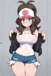 1female 1girls 1human ai ai_generated big_breasts black_jacket black_wristwear blue_eyes blue_jean_shorts blue_shorts blush bra breasts cap clothed clothed_female clothes embarrassed embarrassed_expression embarrassed_female female female_only frosting.ai game_freak hilda_(pokemon) human human_only jacket jean_shorts long_hair looking_at_viewer nervous_sweat nintendo non-nude pokemon pokemon_bw pokemon_bw2 pokemon_trainer ponytail shirt shorts solo standing sweat sweatdrop sweating sweaty_body taking_clothes_off taking_off_jacket thick_thighs thighs translucent translucent_clothing translucent_topwear tummy white_cap white_shirt worried worried_face worried_look wristwear
