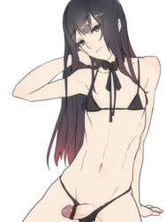 1boy arm_support ban bikini censored character_request crossdressing femboy long_hair looking_at_viewer male male_only navel penis simple_background small_penis solo swimsuit tagme trap white_background