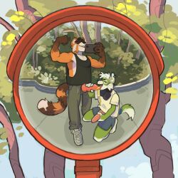 absurd_res ailurid anthro assparagus biceps bodily_fluids bottomwear canid canine canis clothed clothing domestic_dog duo erection fellatio flexing flexing_bicep fur genital_fluids genitals green_body green_fur hair hi_res husky kati knot knotted_penis looking_at_viewer male male/male mammal muscular muscular_anthro muscular_male nature nordic_sled_dog oral outside park penile penis penis_poking_out penis_through_fly public public_sex red_panda reflection sex smile spitz tail taking_picture topwear urine watersports white_body white_fur zelenyy
