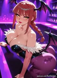 1girl 2026 ai_generated animal_print anime ass bangs bare_shoulders bat_print bat_wings black_leotard blurry_background blush braid braided_hair braided_ponytail breasts bridal_gauntlets buttocks chainsaw_man cleavage collarbone cosplay crossover demon_girl demon_wings eye_contact female female_focus flushed head_wings highres huge_breasts large_breasts leotard long_hair looking_at_viewer low_wings makeup makima_(chainsaw_man) morrigan_aensland nsfw pantyhose patreon patreon_username print_legwear purple_pantyhose purple_wings red_hair red_lips rognezart sidelocks smile smiling solo very_long_hair wings yellow_eyes