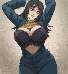 1girl 1girls alt_girl anya_(mouthwashing) arms_up bags_under_eyes belly_button big_lips black_bra black_eyes black_hair blue_overalls bra breasts cleavage clothes_lift clothing color colored coolerinker female female_focus female_human female_only gothish human inker_comics inkershike jumpsuit large_breasts long_hair long_sleeves looking_at_viewer milf mouthwashing mouthwashing_(game) navel open_clothes open_mouth orange_shirt overalls raised_arms shirt shirt_lift smile solo striped_clothes striped_shirt textless thick_thighs turtleneck underwear