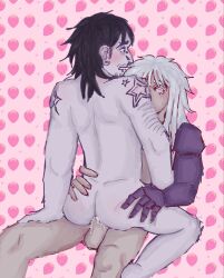 kenreikanon bread piercing male_only mlm gay_sex gay cowgirl_position creampie purple_body purple_skin black_hair albino white_hair long_hair red_eyes tattoo older_male prosthesis anal anal_sex ass