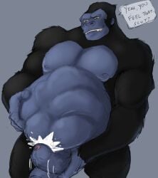 abdominal_bulge anthro anthro_pred ape aperil belly big_belly black_body black_fur blue_body blue_skin body_outline dialogue erection foreskin fur genitals gorilla grey_background hand_on_belly hand_on_penis haplorhine huge_belly humanoid_genitalia humanoid_penis male male_anthro male_pred mammal masturbating_pred masturbation nipples nude nude_anthro nude_male nude_pred pandottermon penis primate sharp_teeth simple_background slapping_belly solo speech_bubble standing talking_to_prey teasing teeth vein veiny_penis vore