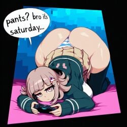 1girl ai_generated ass ass_focus black_thighhighs blunt_bangs breasts brown_hair brown_skirt clothes_lift controller danganronpa danganronpa_(series) danganronpa_2:_goodbye_despair english_text flipped_hair game_console hair_ornament hairclip handheld_game_console hellsonger holding holding_controller holding_handheld_game_console hood huge_ass jacket large_breasts long_sleeves looking_at_viewer medium_hair miniskirt nanami_chiaki panties pink_eyes playing_games pleated_skirt shiny_skin shirt skindentation skirt skirt_lift solo spaceship_hair_ornament speech_bubble striped_clothes striped_panties thick_thighs thighhighs thighs thong top-down_bottom-up underwear