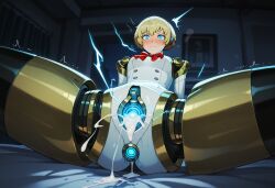 ai_generated persona_3 aigis_(persona) solo, android blonde_hair blue_eyes mechanical mechanical_pussy red_ribbon robot robot_girl robot_pussy joints mechanical_parts 1girl mechanophilia blush embarrassed cum cum_in_pussy trembling electricity after_sex