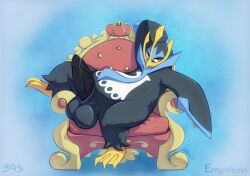 2021 anthro balls bedroom_eyes black_balls black_body black_fur black_penis blue_body blue_markings bodily_fluids brown_eyes buieb chair crown empoleon erection fur furniture generation_4_pokemon genital_fluids genitals hand_behind_head headgear hi_res leaking_precum leg_tuft looking_at_viewer male markings narrowed_eyes nintendo penis pokemon pokemon_(species) precum presenting pseudo_clothing seductive signature simple_background sitting slightly_chubby slightly_chubby_male smile smiling_at_viewer solo throne tuft vein veiny_penis white_body
