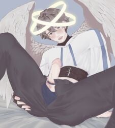 1boy angel_boy angel_wings bed blue_eyes bluemansionart blush brown_hair clothing hand_on_butt jeans looking_at_penis mineshield neo_(mineshield) open_mouth penis short_hair tears wings