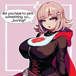 1girl ::o ai_generated belt black_shirt breasts brown_hair cape cosplay danganronpa danganronpa_(series) danganronpa_2:_goodbye_despair english_text flipped_hair hair_ornament hellsonger hood hood_down hooded_cape huge_breasts large_breasts long_sleeves looking_at_viewer medium_hair nanami_chiaki open_mouth outline pink_background pink_eyes red_cape ruby_rose_(cosplay) series_request solo speech_bubble upper_body white_outline