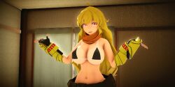 1girls 3d big_breasts bikini_top bikini_top_only blonde_hair busty cleavage female female_only hi_res long_hair looking_at_viewer open_mouth red_eyes rwby scarf sensual sexy shrug sideboob solo tan tanline tanlines tongue voluptuous yang_xiao_long
