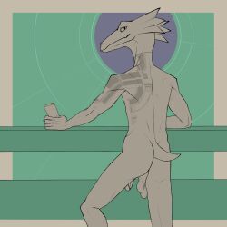 1:1 2024 anthro backsack balls beverage bullchicken butt colored digital_drawing_(artwork) digital_media_(artwork) flat_colors frill_(anatomy) genitals green_balls green_body hi_res holding_beverage holding_object lizard looking_at_viewer male monotone_body nude penis portrait reptile saggy_balls scalie shaded simple_background snout solo tail tattoo three-quarter_portrait uneven_balls