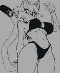 shapherdess_(ekowrosmi) ekowrosmi original tagme cat_ears cat_tail short_hair looking_at_viewer viewed_from_below pointing pointing_at_viewer text speech bikini breasts large_breasts slim_waist navel wide_hips thick_thighs voluptuous fit fit_female hand_behind_back