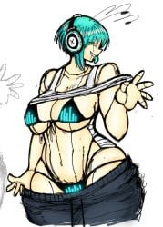 okami_kojin original original_character tagme blue_hair short_hair blue_eyes tongue tongue_out looking_at_viewer headgear headphones robot robot_girl robot_humanoid glowing_eyes bikini shirt shirt_lift breasts slim_waist wide_hips thick_thighs voluptuous fit fit_female pants pants_down smile teasing