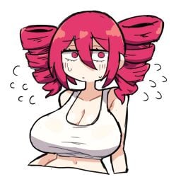 bare_shoulders big_breasts blush breasts cleavage crop_top drill_hair drill_twintails half_body kasane_teto large_breasts looking_at_viewer navel notnoe_(dxcl) red_eyes red_hair short_hair slim_waist sweat sweatdrop sweating sweaty synthesizer_v tagme tied_hair tight_clothing topwear utau vocaloid white_background white_shirt wide_hips