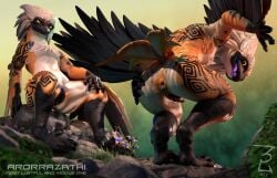 2026 3d_(artwork) 4_fingers absurd_res anthro anus arm_tattoo arorrazathi_(xcytilinsk) avian back_tattoo beak belly bird black_beak black_body black_claws black_feathers black_vulva butt claws countershading crouching digital_media_(artwork) dipstick_limbs english_text feather_hair feathers feet female fingers flat_chested forearms genitals glowing glowing_eyes hair hand_on_butt hand_on_leg hand_on_thigh hi_res leg_tattoo logo looking_at_viewer markings moisture moss multiple_poses nude outside plant pose presenting presenting_anus presenting_hindquarters pseudo_hair purple_anus purple_tongue raised_tail rock scaled_forearms scaled_legs scales sitting solo spiral squatting_pose tail talons tattoo text thick_thighs thigh_tattoo toes tongue tongue_out vulva wet white_belly white_body white_feathers white_hair winged_arms wings xcytilinsk yellow_anus yellow_body yellow_eyes yellow_feathers