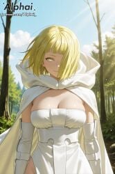 1girl 2025 2026 absurd_res absurdres ai ai-created ai_art ai_assisted ai_generated alphai blonde_hair blue_sky blunt_bangs blushing cinematic_lighting clouds colorful_background daylight depth_of_field detailed_background detailed_hair detailed_skin dramatic_shadows elbow_gloves enen_no_shouboutai female female_only fire_force forest hair_covering_one_eye high_quality high_resolution highres hood_down light_rays medium_breasts medium_hair naughty_face orochi_(enen_no_shouboutai) orochi_(fire_force) particles patreon patreon_link patreon_url patreon_username raised_eyebrows semirealistic skindentation strapless vegetation volumetric_lighting white_cape white_gloves white_hood white_outfit woods yellow_eyes