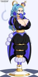 one_piece chess_piece chess queen bondage royal dress tied_up gold_jewelry gold_(metal) fancy_clothing big_breasts huge_breasts rope rope_bondage tight_bondage angry angry_face nefertari_vivi midnightundying_(artist) commission textless blue_hair stuck blue_clothing choker pearls gag gagged gagged_female female 1girls female_only female_focus ball_gag