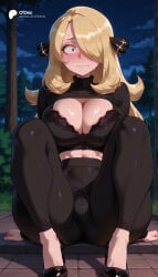 cartoony cartoon big_ass big_breasts large_breasts large_ass 1girls 1girl straight female solo_focus female_focus blurry_background blurred_background depth_of_field breasts ass thin_waist small_waist ai_generated odexai thick_thighs wide_hips absurd_res absurdres hi_res highres high_resolution high_quality cynthia_(pokemon) pokemon pokemon_dppt pokemon_bw window blonde_hair hair_over_one_eye long_hair blush cleavage grey_eyes navel embarrassed constricted_pupils wavy_mouth wide-eyed thighs cameltoe bra hair_ornament high_heels pants black_bra sweater long_sleeves turtleneck sweatdrop lace-trimmed_bra turtleneck_sweater shoes sitting looking_at_viewer knees_up spread_legs arm_support squatting outdoors solo sweater_lift midriff tree blurry full_body alternate_costume underwear night black_footwear sky sweat closed_mouth night_sky black_sweater black_pants tight_clothes cloud