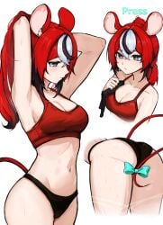 alternate_costume animal_ears armband armpits arms_up ass ass_focus bending_over black_buruma black_hair blue_eyes bow bow_on_tail bra breasts buruma cleavage clothed clothing convenient_censoring covering covering_crotch cyan_bow different_angle elbows english_text female from_behind gym_clothes gym_uniform hakos_baelz hololive hololive_english hololive_english_-council- hololive_english_-promise- large_breasts long_hair mouse_ears mouse_girl mouse_tail multicolored_hair ponytail red_bra red_hair red_ponytail red_sports_bra red_tail shaved_armpit sideboob simple_background solo sports_bra streaked_hair sweat sweaty tail tail_bow tail_covering_crotch tail_covering_privates text_on_clothing thin_waist towel ttsyrene tying_hair viewed_from_behind virtual_youtuber white_background white_hair