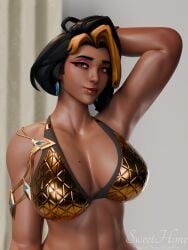 1girls 3d abs arm_up beauty_mark beauty_mark_on_breasts big_breasts bob_cut bra domina earrings female female_only gold_bikini hand_behind_head jewelry looking_at_viewer makeup milf mole_on_breast overwatch simple_background smile smiling smiling_at_viewer solo sweethime toned toned_body two-tone_hair