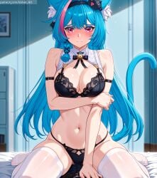 ai_generated bare_shoulders black_bra black_panties blue_hair blush blushing bra breasts cat_ears cat_tail female jewelry mint_(neverness_to_everness) multicolored_hair navel neverness_to_everness panties pink_eyes tail velvetart