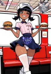 1boy ai_generated balls black_hair brown_body bulge bulge_through_clothing crossdressing dark-skinned_femboy dark-skinned_male dark-skinned_sissy dark-skinned_twink dark_skin diner femboy flat_chest food food_fetish food_play high_resolution highres ilfb looking_at_viewer medium_hair more_at_source original original_character otoko_no_ko panties petite petite_body petite_male skirt skirt_lift skirt_up solo solo_focus solo_male standing testicles thigh_highs thighhighs thighs trap twintails young younger younger_male