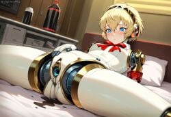 ai_generated persona_3 aigis_(persona) solo, android blonde_hair blue_eyes mechanical mechanical_pussy red_ribbon robot robot_girl robot_pussy joints mechanical_parts, bodily_fluids , oil