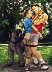 2003 2boys archived_source ass blonde_hair blue_shirt brown_hair bulge domestic_dog gay joe_phillips khaki_shorts light_skin male male_only muscular original outdoors red_tank_top shirt_lift shorts tan_skin tank_top tanline tattoo visible_underwear yaoi
