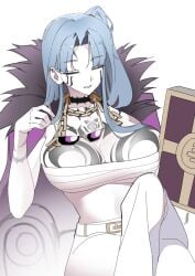 1girl 1girls angela_(lobotomy_corporation) bandage bandaged_breasts bandaged_chest belly big_breasts blue_hair breast_tattoo breasts breasts_bigger_than_head cleavage coat coat_on_shoulders eyewear_removed female female_focus female_only glasses large_breasts legs_crossed lobotomy_corporation massive_breasts noto noto12_34 project_moon sitting sitting_on_chair solo solo_female solo_focus sunglasses tattoo tattoo_on_arm tattoo_on_breast tattoo_on_chest tattooed_arm tattoos the_middle_(identity)_(project_moon)