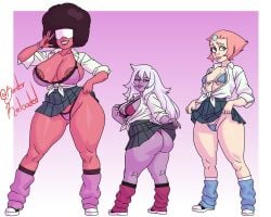 3girls afro amethyst_(steven_universe) areolae_slip ass bikini_under_clothes black_hair borderreloaded breasts cleavage dark_areola female female_only flashing flashing_nipple front-tie_top garnet_(steven_universe) gem_(species) green_eyes gyaru height_difference huge_breasts long_hair loose_socks medium_breasts miniskirt multiple_girls pearl_(steven_universe) pink_hair purple-skinned_female purple_hair purple_nipples purple_skin red-skinned_female red_skin school_uniform schoolgirl shortstack skirt_lift slutty_female small_breasts steven_universe sunglasses tall_female thick_thighs wide_hips yellow-skinned_female yellow_skin
