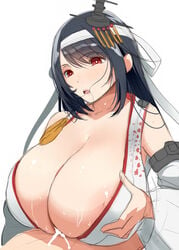 black_hair breast_squeeze breasts cum female fusou_(kantai_collection) hair_ornament headband huge_breasts kantai_collection kloah male nipple_slip open_mouth paizuri red_eyes solo_focus straight sweat