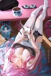 1girl :< animal_ears artist_name bare_arms bare_shoulders beret black_hat black_tank_top blush breasts cellphone chattino_(raora_panthera) cleavage closed_mouth coat commentary cup cushion english_commentary eyeshadow fan_mascot_(vtuber) fingernails from_above goggles hair_intakes hat highres holding holding_phone hololive hololive_english large_breasts legs_up long_hair looking_at_viewer makeup mug multicolored_hair nail_polish panther_ears panther_girl panther_tail phone pink_coat pink_eyeshadow pink_hair pink_lips pink_nails pink_tail raora_panthera raora_panthera_(1st_costume) shorts smartphone smile streaked_hair sunekka table tail tank_top thighhighs thighs unworn_coat unworn_goggles unworn_hat unworn_headwear virtual_youtuber white_shorts white_thighhighs wooden_floor yellow_eyes