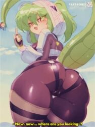 2girls animated arknights arknights:_endfield ass bluethebone blush cameltoe commentary cropped_jacket english_commentary female female_only fluorite_(arknights:_endfield) green_eyes green_hair green_tail highres hood huge_ass lizard_tail multiple_girls ponytail pussy reptile_girl sticker tagme tail tail_raised thick_thighs thigh_strap thighhighs thighs video