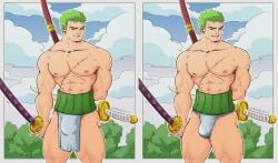 yaroslav_lv one_piece fundoshi fundoshi_only underwear underwear_only half-dressed bulge big_bulge penis_bulge abs pecs pectorals trapezius looking_away sword swordsman holding_sword biceps triceps quadriceps post-timeskip roronoa_zoro zoro zoro_(one_piece) bara barazoku bara_tits bara_tiddies 1boy male male_only male_focus manly masculine_male gay yaoi solo solo_focus solo_male muscular muscular_male muscles hunk beefy tough_guy bigger_male larger_male broad_shoulders scars scar scar_on_face scar_across_eye scar_on_chest green_hair haramaki japanese_male pirate big_dick_energy smile frown