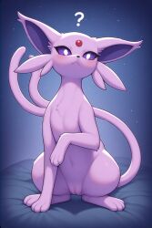 ai_generated confused espeon female feral furry nude nude_female pokemon pokemon_(species) purple_eyes pussy quadruped question_mark showing_pussy simple_background sitting