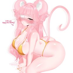 mouse_girl animal_ears mouse_ears pink_ears mouse_tail long_tail pink_hair long_hair blunt_bangs hair_bun green_eyes eyepatch medical_eyepatch whiskers freckles blush bikini gold_bikini micro_bikini string_bikini thong_bikini cleavage large_breasts big_butt manicure yellow_nails solo looking_at_viewer all_fours from_behind head_tilt english_text speech_bubble white_background simple_background original sacchanart