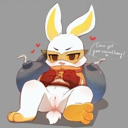 appledogg bomb bombun bombun_(kekitopu) bottomless clothed clothing dialogue explosives female genitals hi_res inviting lagomorph leporid mammal rabbit solo vulva